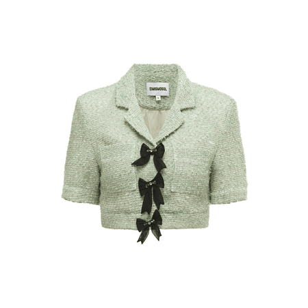 green cropped cardigan with black bows