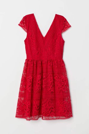 Lace V-neck Dress - Red