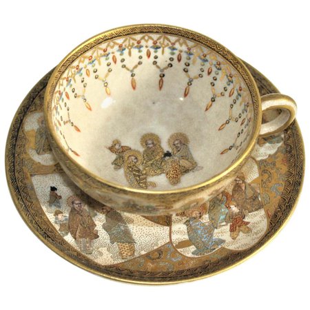 Antique Japanese Satsuma Teacup and Saucer Set with Ornate Hand Painted Decoration For Sale at 1stDibs