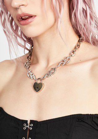 Flame Chain Heart Lock Necklace - Silver | Dolls Kill