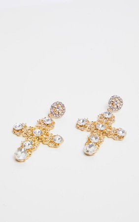 Gold Ornate Medium Cross Drop Earrings | PrettyLittleThing USA
