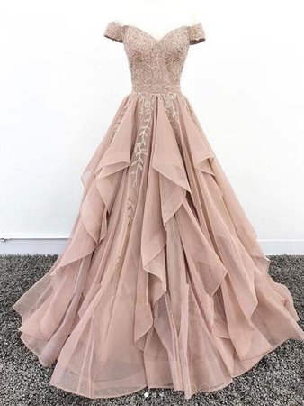 Off Shoulder Dusty Champagne Lace Cheap Long Evening Prom Dresses, Eve – SposaDresses
