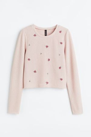 Embroidered Ribbed Top - Powder pink/roses - Ladies | H&M US