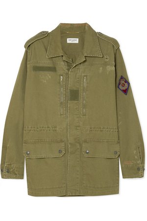 Saint Laurent | Appliquéd distressed cotton and ramie-blend gabardine jacket | NET-A-PORTER.COM