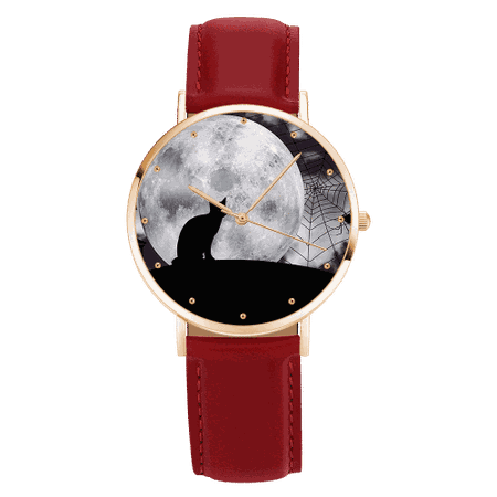 Women's Halloween Black Cat Rose Goldtone Watch Red Leather Strap 40mm