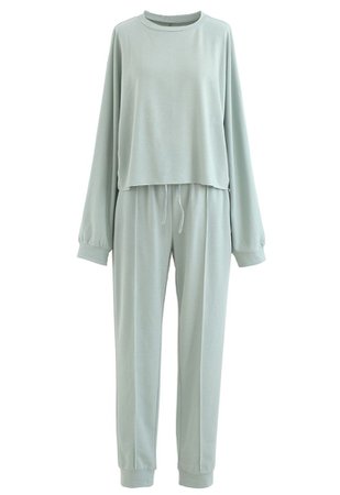 Raw-Cut Hem Sweatshirt and Seamed Pants Set in Mint - Retro, Indie and Unique Fashion