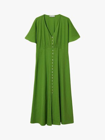 Mango Linen Blend Button Midi Dress, Green at John Lewis & Partners