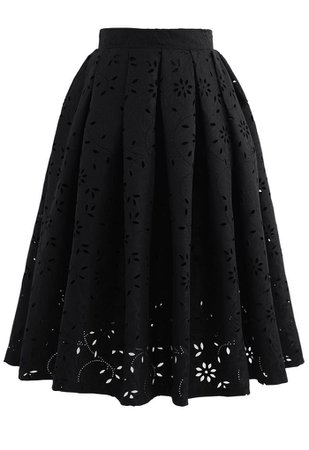 Floral Cutwork Jacquard Midi Skirt in Black - Retro, Indie and Unique Fashion