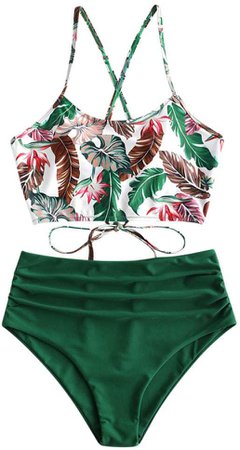 Amazon.com: ZAFUL Women's Leaf Print Lace Up Ruched High Waisted Tankini Set Swimsuit: Clothing
