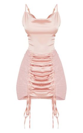Pink Strappy Satin Mesh Panel Ruched Bodycon Dress | PrettyLittleThing