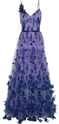 Floral-appliqued Satin-trimmed Tulle Gown