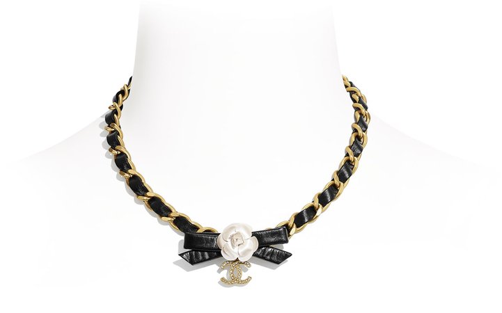 Necklace, metal, calfskin and rhinestones, gold, mother of pearl white, black and glass - CHANEL