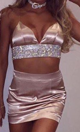 rose gold silk two piece skirt and top outfit set