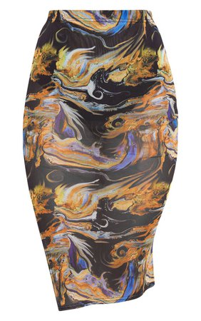 Black Marble Print Mesh Midi Skirt | Skirts | PrettyLittleThing USA