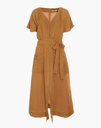 Linen-Blend Dolman-Sleeve Tie-Waist Midi Dress brown