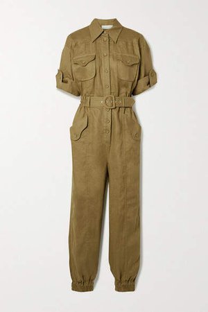 Super Eight Belted Linen Jumpsuit - Army green