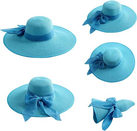 JOYEBUY Women Lady Big Bowknot Straw Hat Floppy Foldable Roll up UV Protection Beach Cap Sun Hat (Royal Blue) at Amazon Women’s Clothing store
