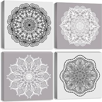Amazon.com: Mandala Wall Art, Boho Lotus Flower Canvas Decor 4 Piece Set, Grey Moroccan Prints Picture Decoration 12x12" Abstract Black and White Floral Painting Framed Artwork for Living Room Zen Bedroom Kitchen: Posters & Prints