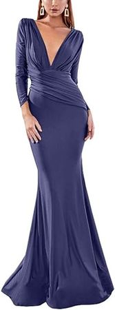 Amazon.com: Meowmming Women's V Neck Mermaid Evening Dresses Satin Long Sleeves Bridesmaid Dress : Clothing, Shoes & Jewelry