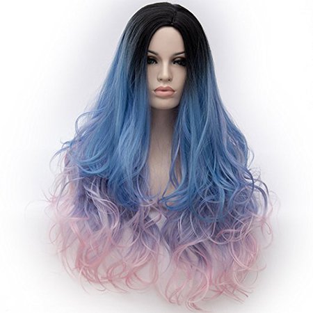 Alacos Synthetic 75CM Long Curly Rainbow Color Ombre Halloween Costumes Cosplay Harajuku Wigs for Women Lady Girl +Free Wig Cap (Black Ombre to Blue Pink)
