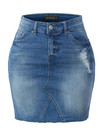 LE3NO Womens Cotton Distressed Ripped Frayed Hem A-Line Denim Mini Skirt | LE3NO blue