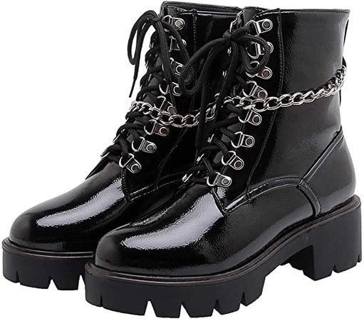Amazon.com | Parisuit Womens Chunky Platform Punk Combat Goth Boots with Chains Patent Leather Lace Up Ankle Boots-Black Size 4 | Ankle & Bootie