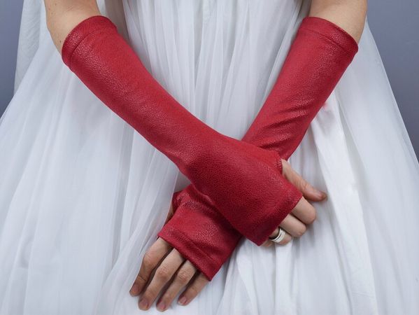 Red Faux Leather Fingerless Gloves Arm Warmers Unisex Gloves - Etsy