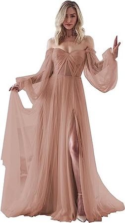 Long Sleeve Tulle Wedding Dress for Bride Puffy Sleeve Prom Dress Ball Gown Formal Evening Gowns with Slit at Amazon Women’s Clothing store