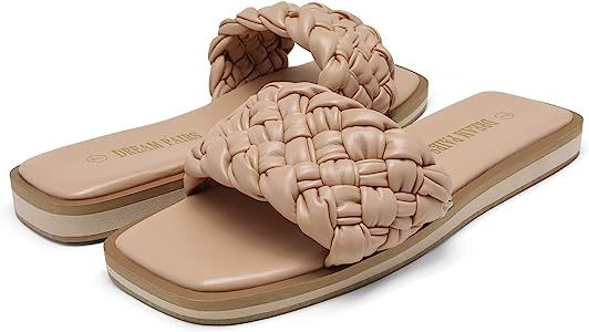 Amazon.com | DREAM PAIRS Womens SDSS2212W Square Open Toe Slide Sandal Cute Slip on Braided Strap Flat Sandals for Summer, Nude/Weave - 8 | Sandals