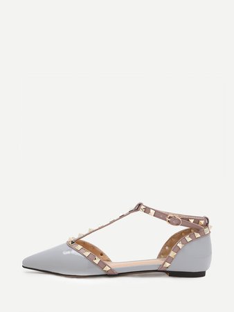 Grey Faux Patent Studded T-Strap Flats