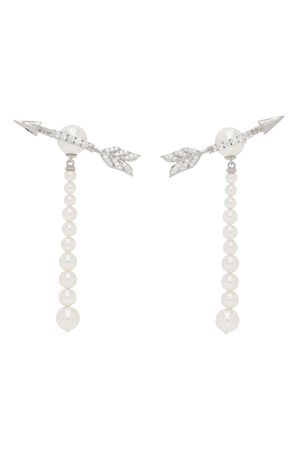 SHUSHU/TONG
Silver & White YVMIN Edition Pearl Fringe Arrow Earrings