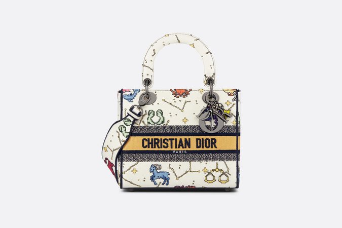 Bolsa Lady D-Lite média Bordado Dior Pixel Zodiac multicolorido com fundo cru | DIOR