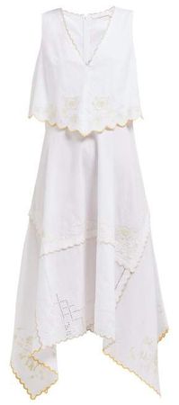 Embroidered Scallop Trim Cotton Midi Dress - Womens - Ivory