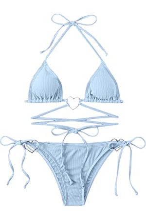 Amazon.com: Milumia Women Two Piece Heart Ring Linked Bikini Set Lace Up Tie Halter Swimsuit Light Blue Large : Clothing, Shoes & Jewelry