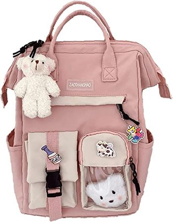 Amazon.com: Kawaii Backpack with Bear Pendant, Back to School Supplies, Japanese Cute Pins Large Capacity Canvas Laptop Schoolbag (Pink) : Electronics