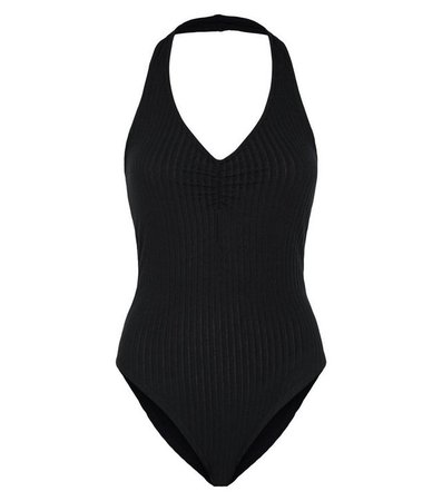 Black Ribbed Halterneck Ruched Bodysuit | New Look