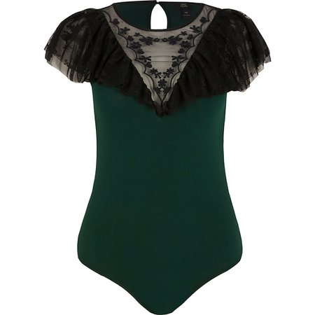 Green embroidered ruffle mesh bodysuit | River Island