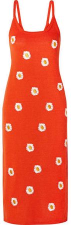 Embroidered Stretch Linen-blend Dress - Bright orange