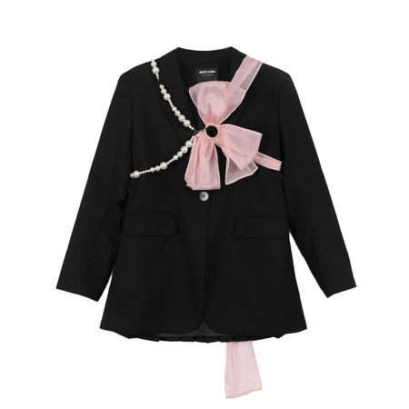 black jacket with pearls and pink bow