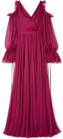 Cold-shoulder Pleated Ruffled Silk-chiffon Gown - Plum