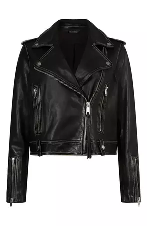 AllSaints Ayra Contrast Stitch Leather Biker Jacket | Nordstrom