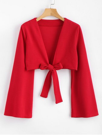 2019 Tie Front Bell Sleeve Plunge Crop Top In LOVE RED L | ZAFUL