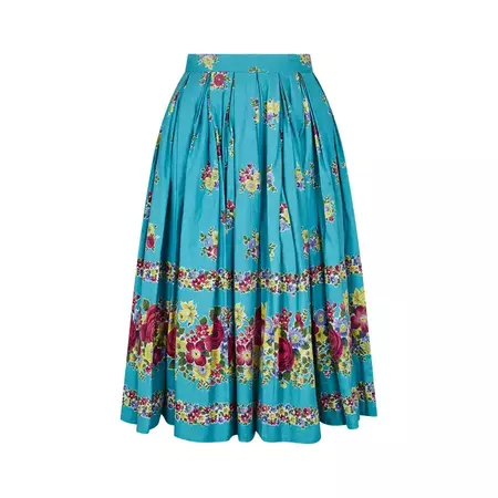 1950s Turquoise Box Pleat Floral Print Skirt For Sale at 1stDibs