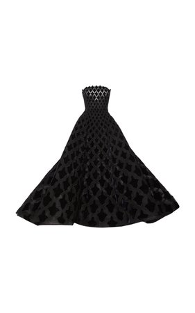 Oscar de la Renta, Black Geometric Pattern Suede Ball Gown