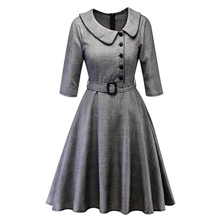 MERRYA Women's 1940s Vintage 3/4 Sleeve Buttons Plaid A Line Work Party Dresses (Grey, S): Amazon.co.uk: Amazon.co.uk: