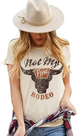 GEMLON Not My First Rodeo Cowgirl Western T-Shirt Tee Womens Casual Country Concert Short Sleeve Shirt Tops Apricot M at Amazon Women’s Clothing store