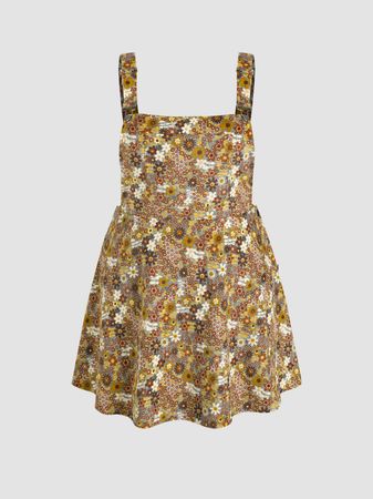 Curve & Plus Corduroy Floral Pinafore Short Dress - Cider