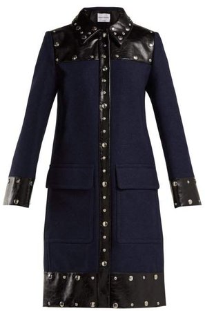 Stud Embellished Wool Blend Coat - Womens - Navy