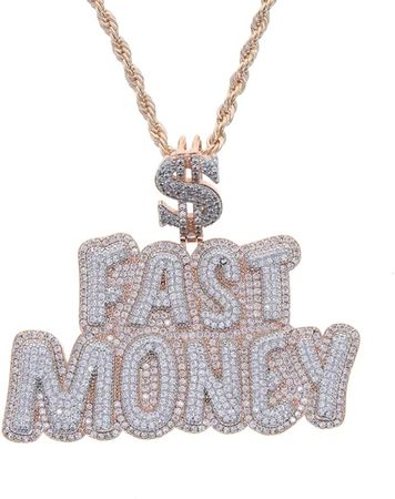 Hip Hop Bling Fast Money Letter Pendant Necklace with Dollar Symbol $ Ring Iced Out 5A CZ Crystal Stones Charm Choker Punk Style Rapper Jewelry | Amazon.com