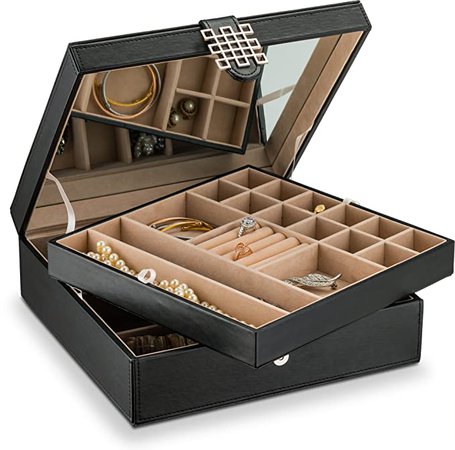 Amazon.com: Glenor Co 28 Section Jewelry Box - 2 Layer - Buckle Snap & Magnet Closure - Large Mirror - Leather Design - Black - Jewelry Organizer for Women & Girls - Holder for Earring Ring Necklace & Bracelet: Clothing